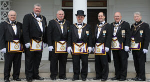 Left to right - MWB Gerald L Carver, PGM, Grand Secretary - RWB Boyd "Ebbie" Hodges, Jr. Junior Grand Warden - RWB Thomas Watson, Deputy Grand Master - MWB Steven D Hames, Grand Master - RWB Acy Flora. IV, Senior Grand Warden - MWB Jack A Marler, PGM, Grand Treasurer - RWB Rev A Robert Nix, Grand Chaplain.